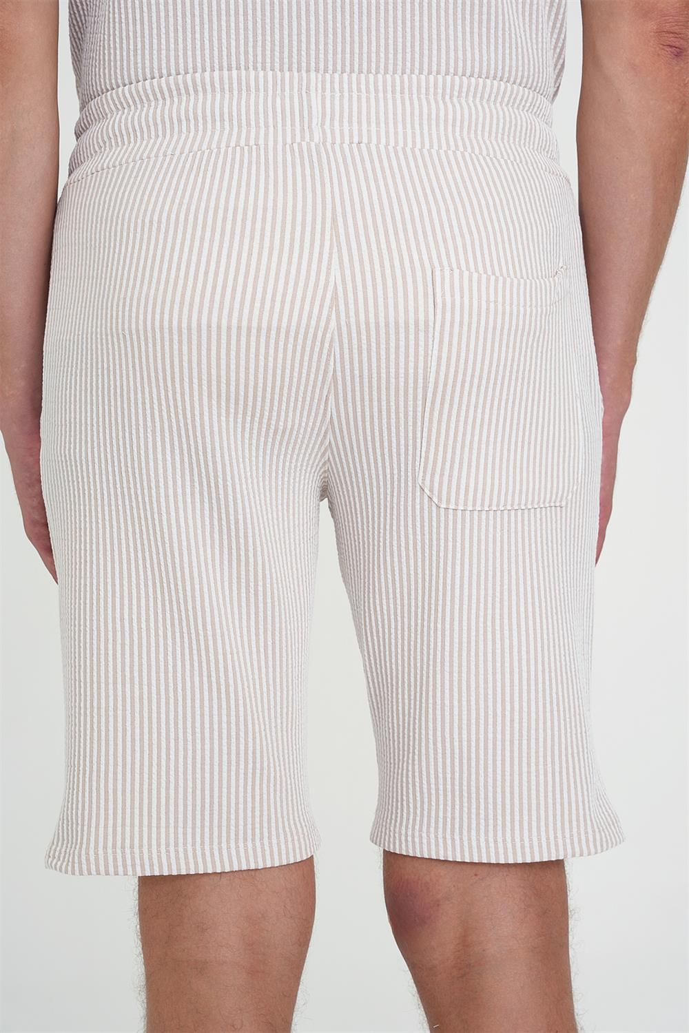 Comfort Fit Bağcıklı Bel Çizgili Pamuk Casuel Bej Şort Bermuda 038 