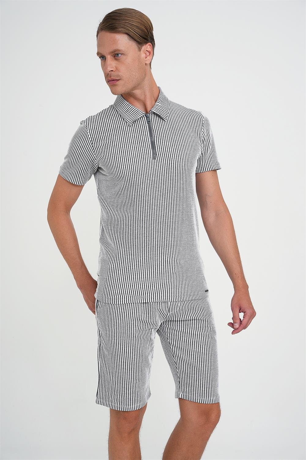 Comfort Fit Bağcıklı Bel Çizgili Pamuk Casuel Siyah Şort Bermuda 038 