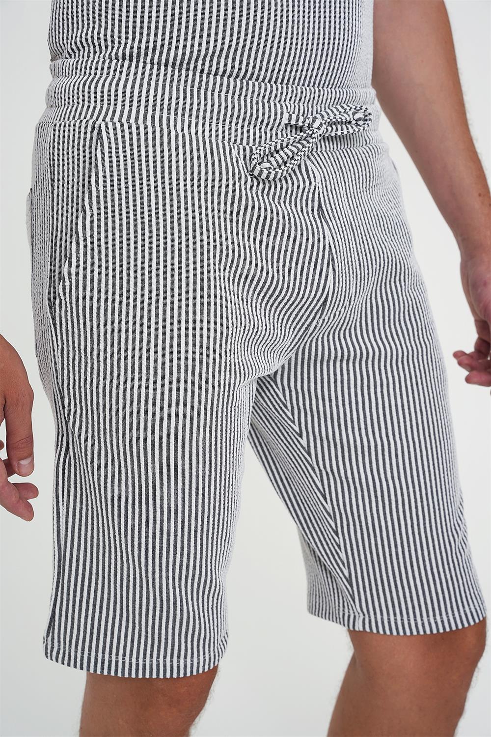 Comfort Fit Bağcıklı Bel Çizgili Pamuk Casuel Siyah Şort Bermuda 038 