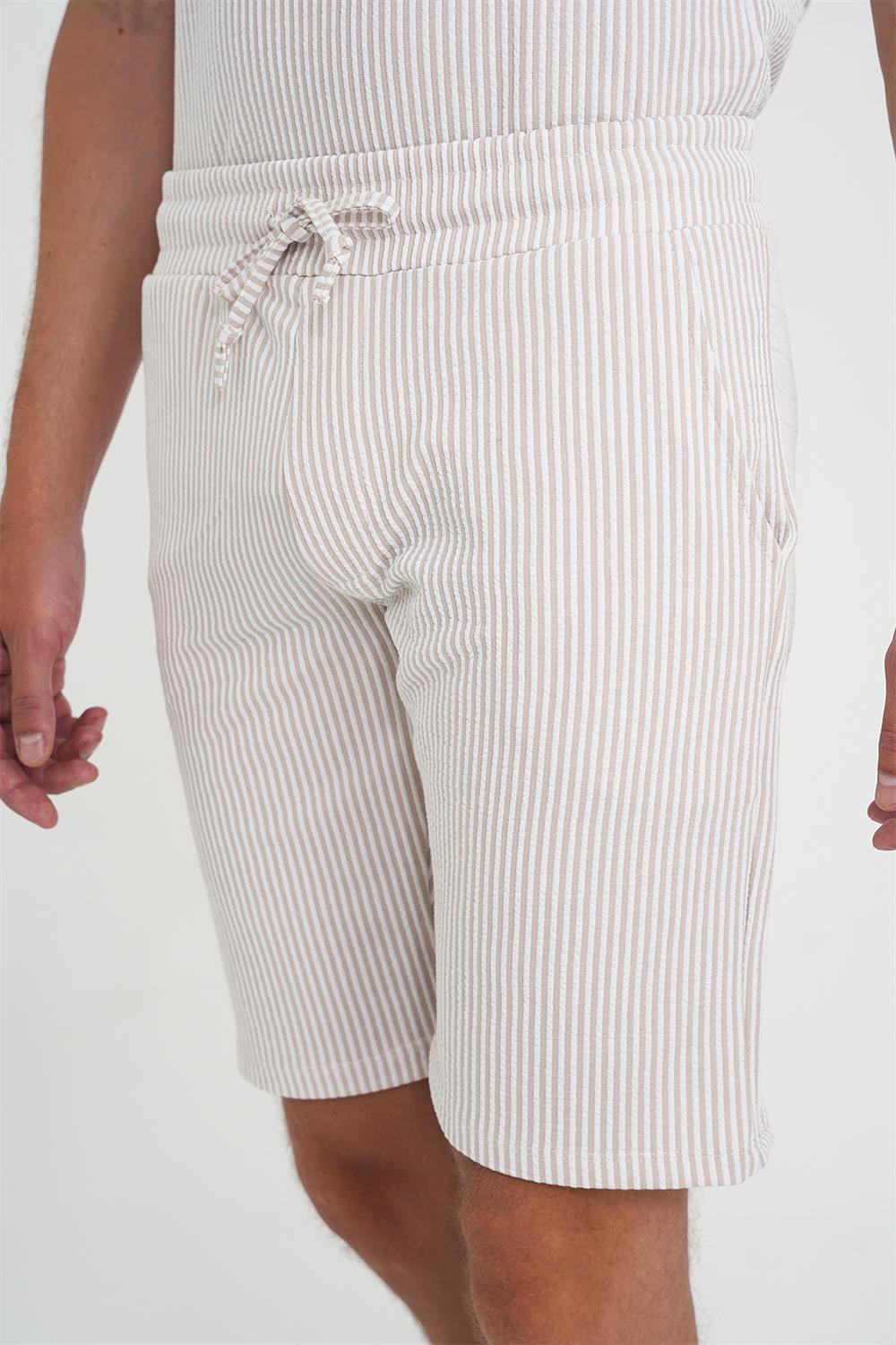 Comfort Fit Bağcıklı Bel Çizgili Pamuk Casuel Bej Şort Bermuda 038 