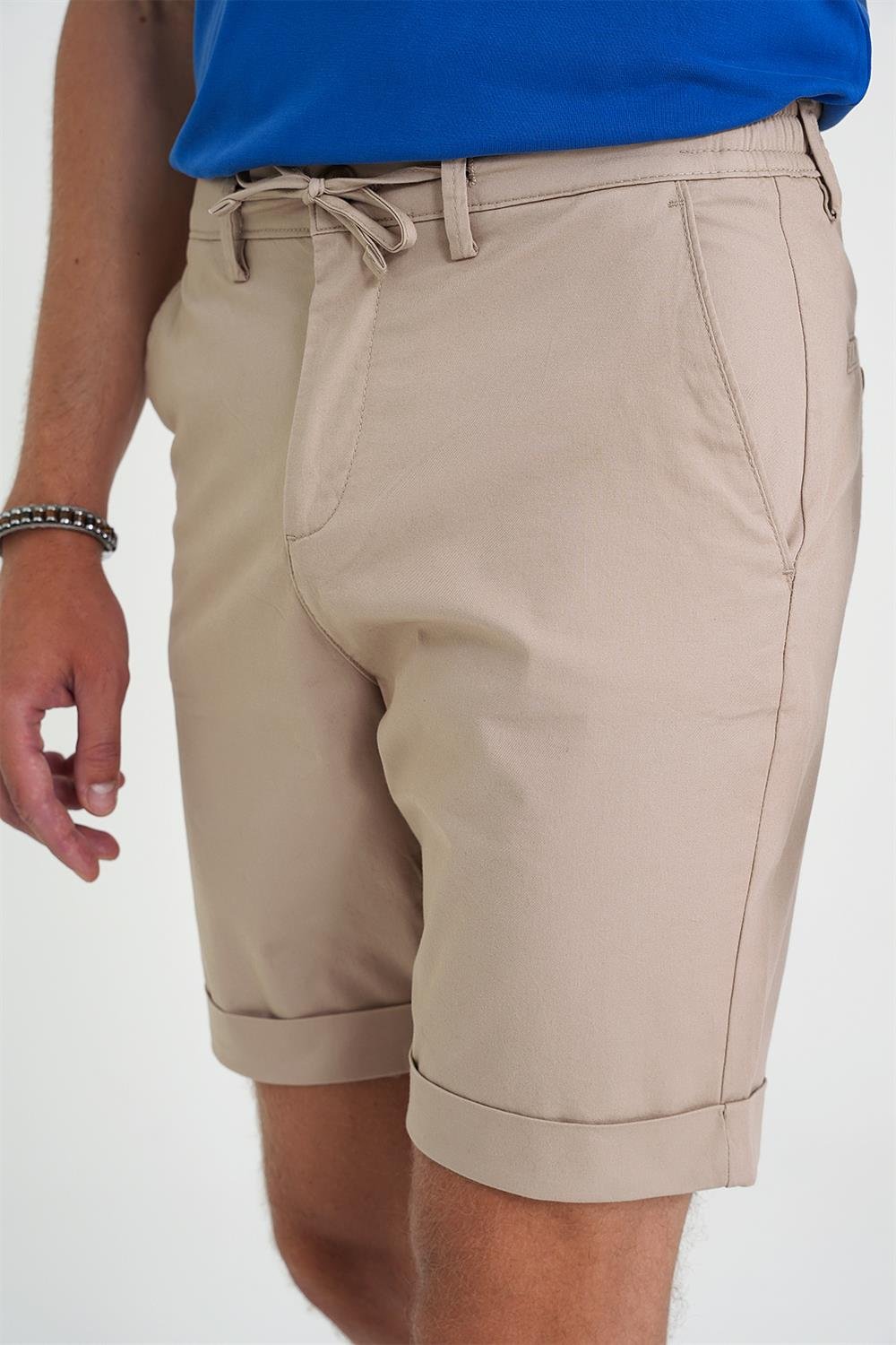 Comfort Fit Bağcıklı ve Lastikli Bel Esnek Pamuk Casuel Bej Şort Bermuda 036 