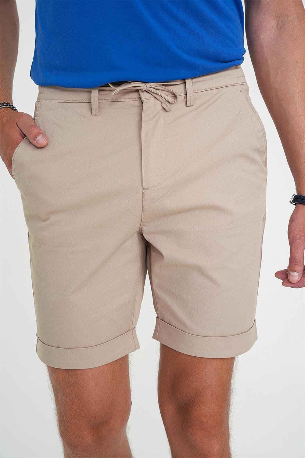 Comfort Fit Bağcıklı ve Lastikli Bel Esnek Pamuk Casuel Bej Şort Bermuda 036 