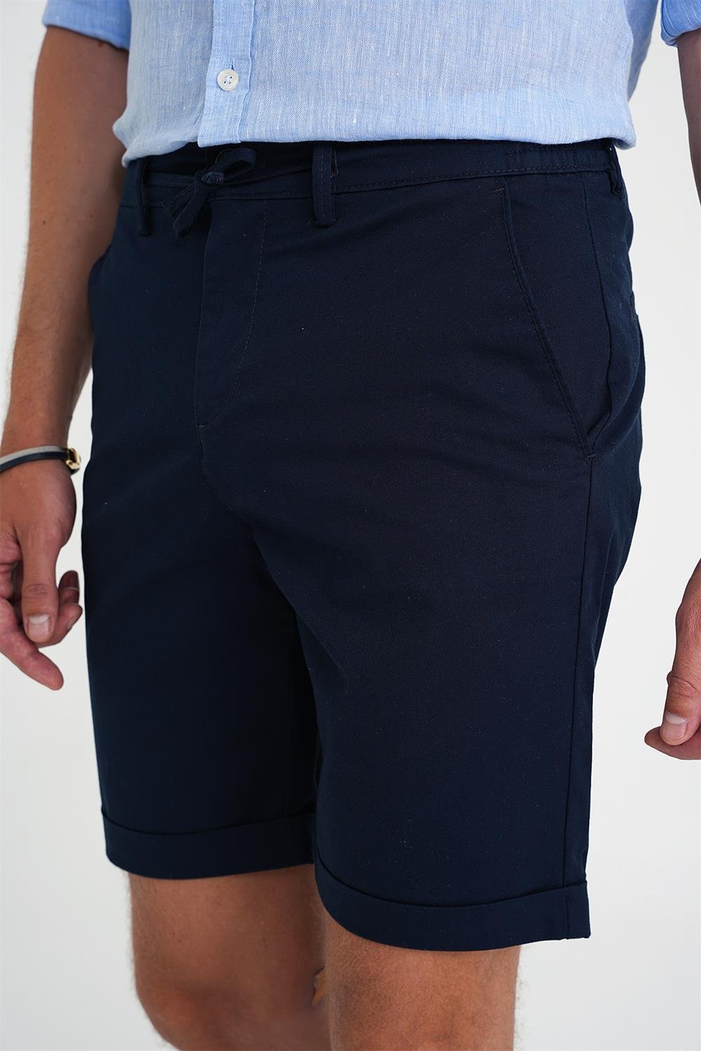 Comfort Fit Bağcıklı ve Lastikli Bel Esnek Pamuk Casuel Lacivert Şort Bermuda 036 