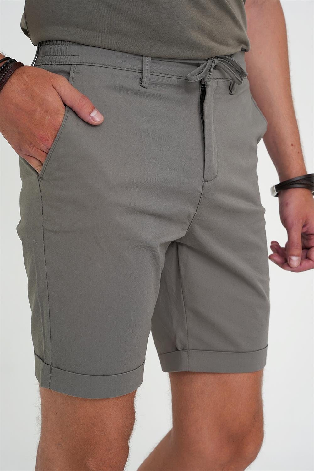 Comfort Fit Bağcıklı ve Lastikli Bel Esnek Pamuk Casuel Haki Şort Bermuda 036 
