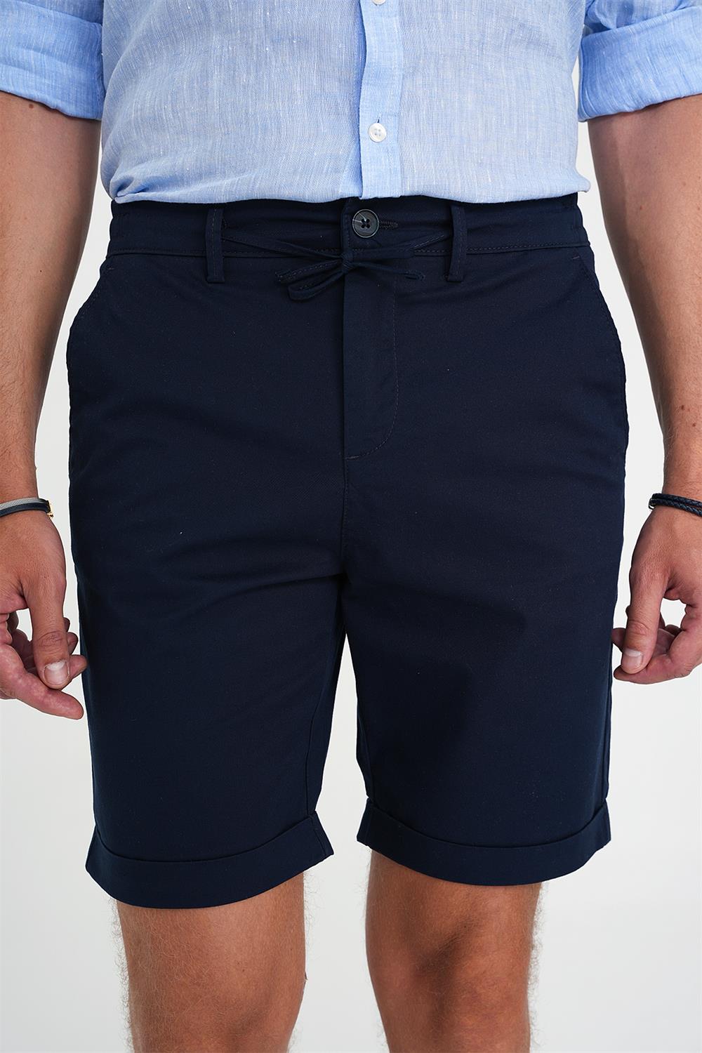 Comfort Fit Bağcıklı ve Lastikli Bel Esnek Pamuk Casuel Lacivert Şort Bermuda 036 