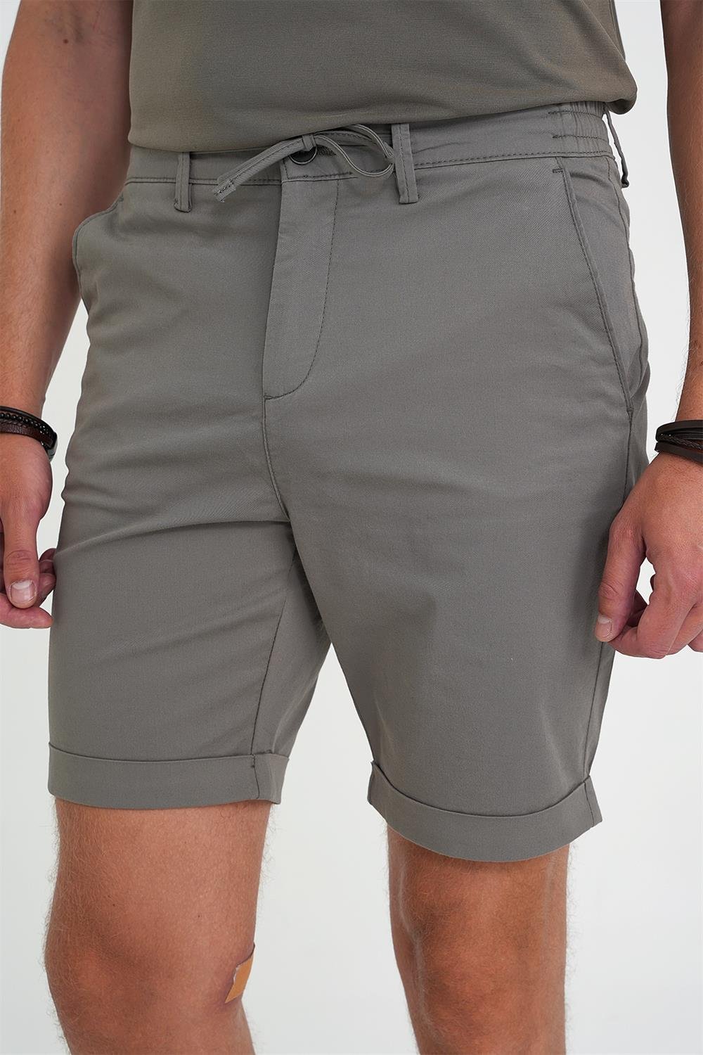 Comfort Fit Bağcıklı ve Lastikli Bel Esnek Pamuk Casuel Haki Şort Bermuda 036 