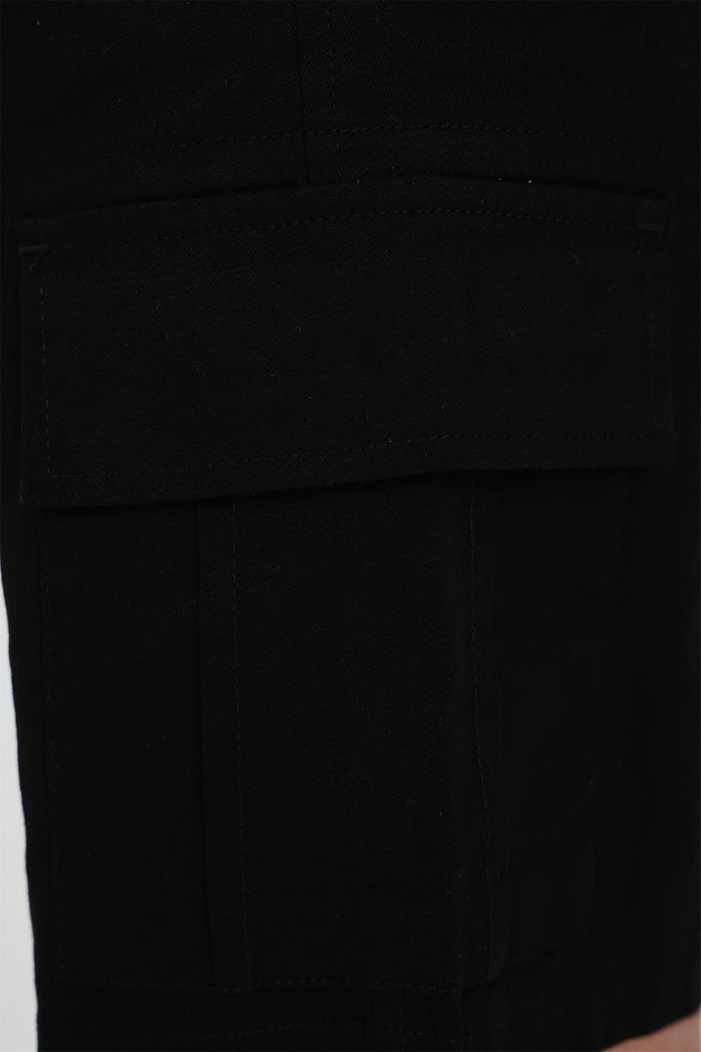 Comfort Fit Beli Kemerli Kargo Cep Pamuk Casuel Siyah Şort Bermuda 039 