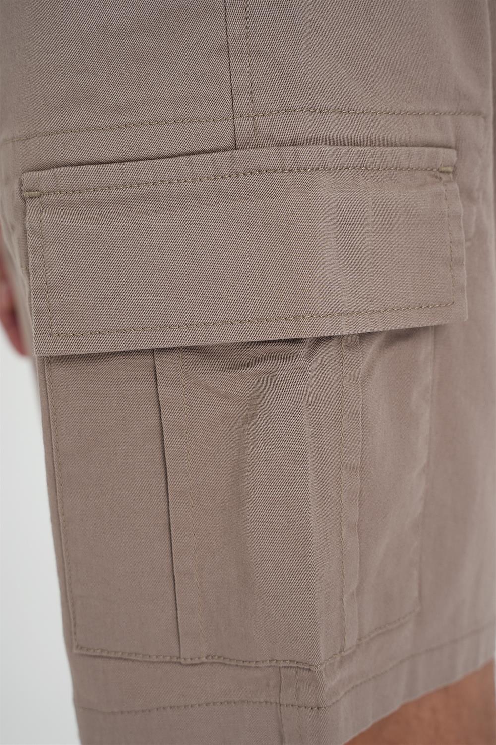 Comfort Fit Beli Kemerli Kargo Cep Pamuk Casuel Bej Şort Bermuda 039 