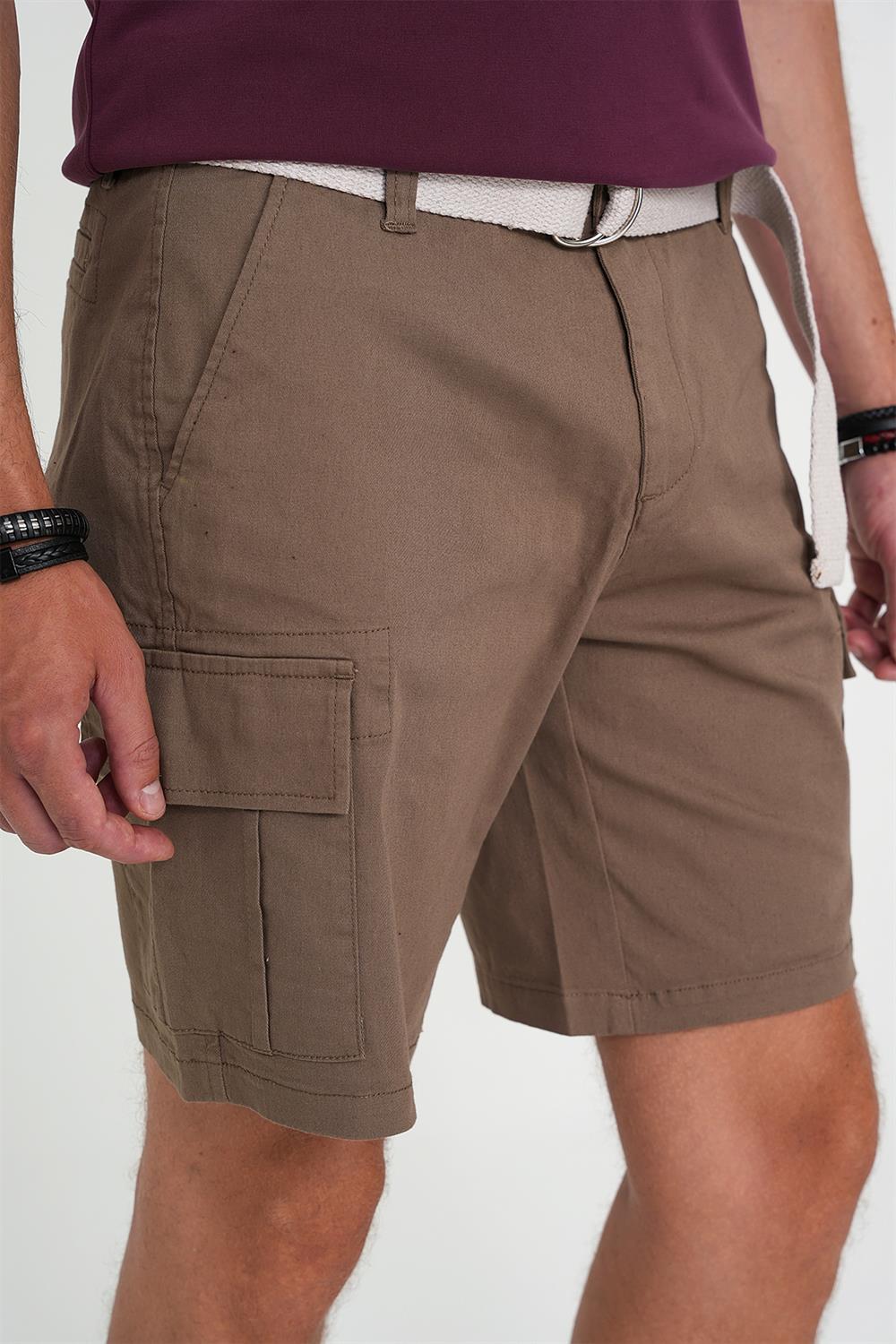 Comfort Fit Beli Kemerli Kargo Cep Pamuk Casuel Toprak Şort Bermuda 039 