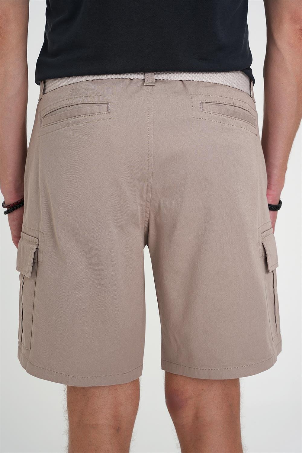 Comfort Fit Beli Kemerli Kargo Cep Pamuk Casuel Bej Şort Bermuda 039 
