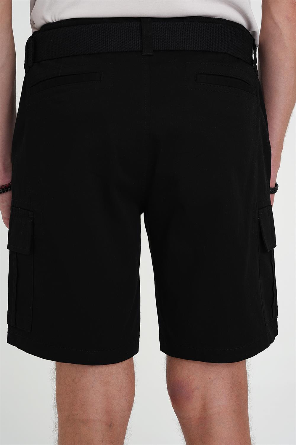 Comfort Fit Beli Kemerli Kargo Cep Pamuk Casuel Siyah Şort Bermuda 039 