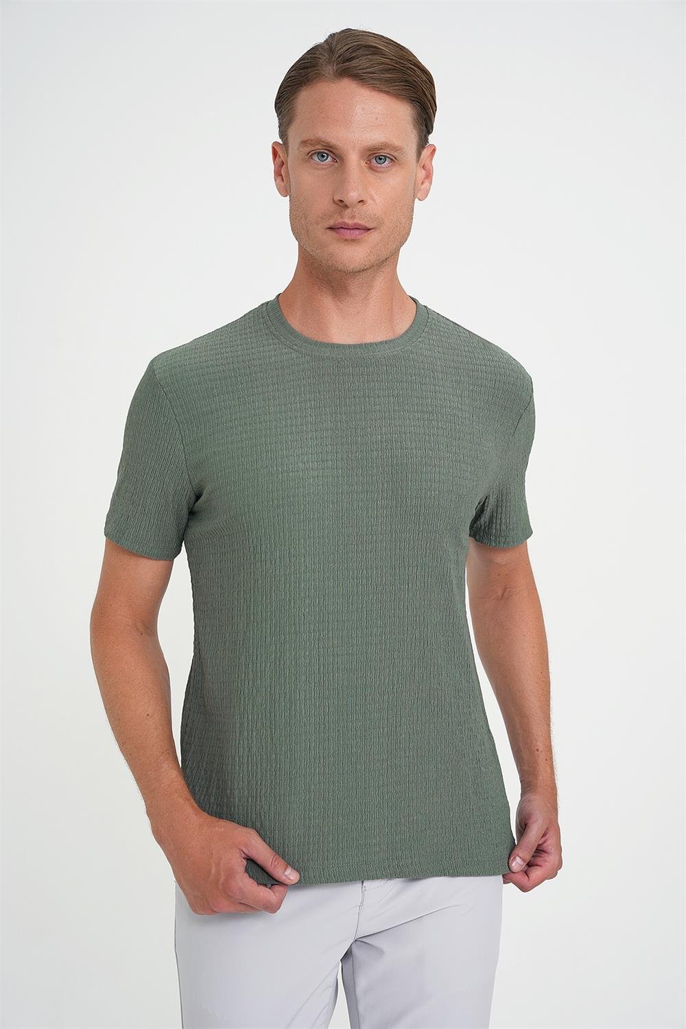 Comfort Fit Bisiklet Yaka Gofre Kısa Kol Yeşil Tişört Ts 911