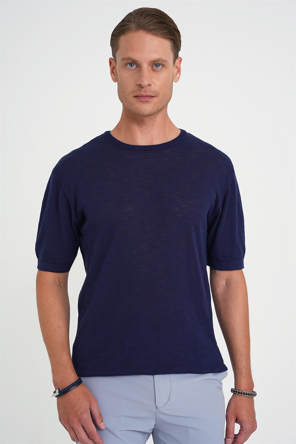 Comfort Fit Bisiklet Yaka Kısa Kol Spor Lacivert Triko Tr 881