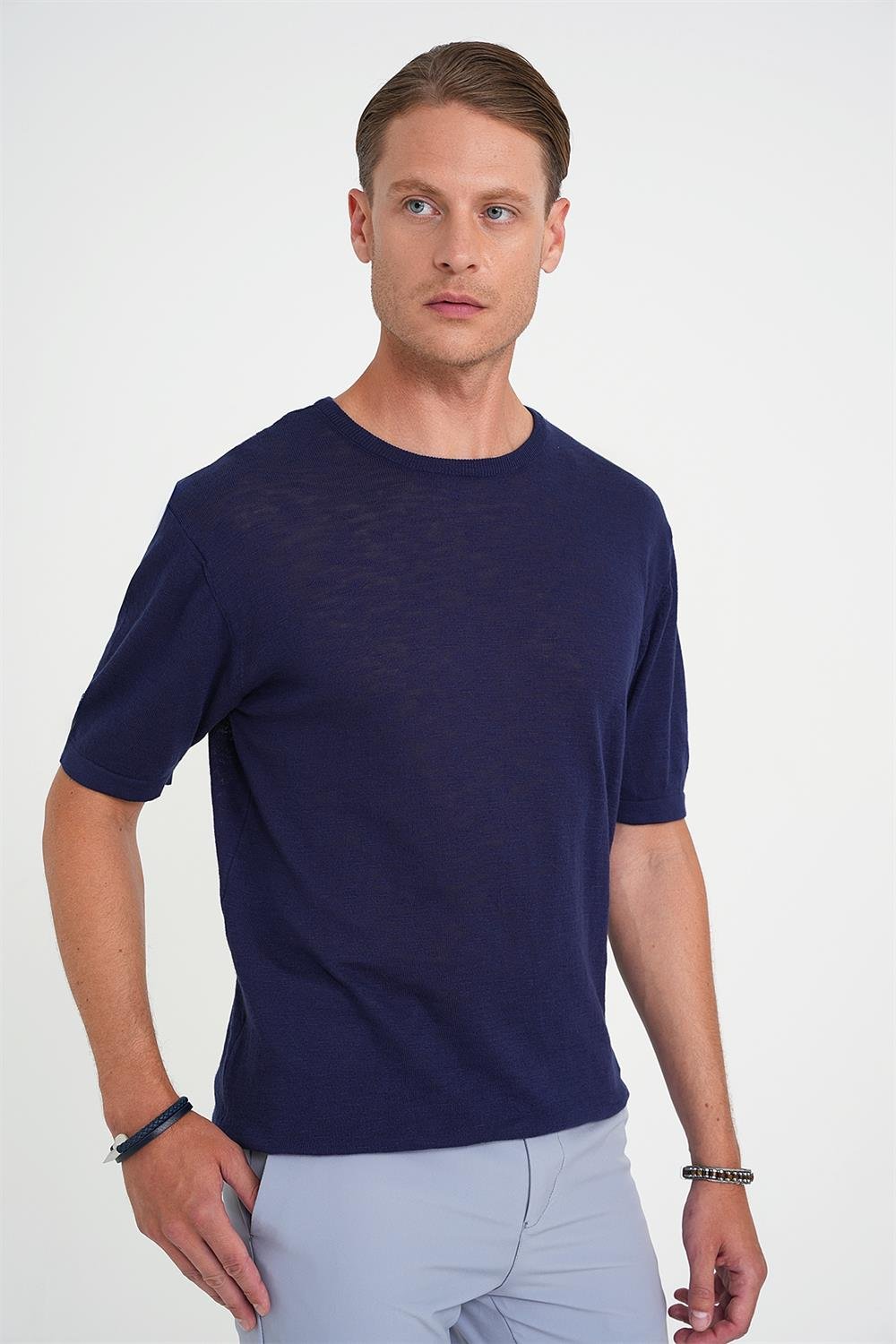 Comfort Fit Bisiklet Yaka Kısa Kol Spor Lacivert Triko Tr 881