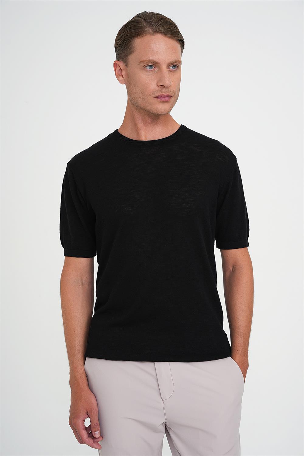 Comfort Fit Bisiklet Yaka Kısa Kol Spor Siyah Triko Tr 881