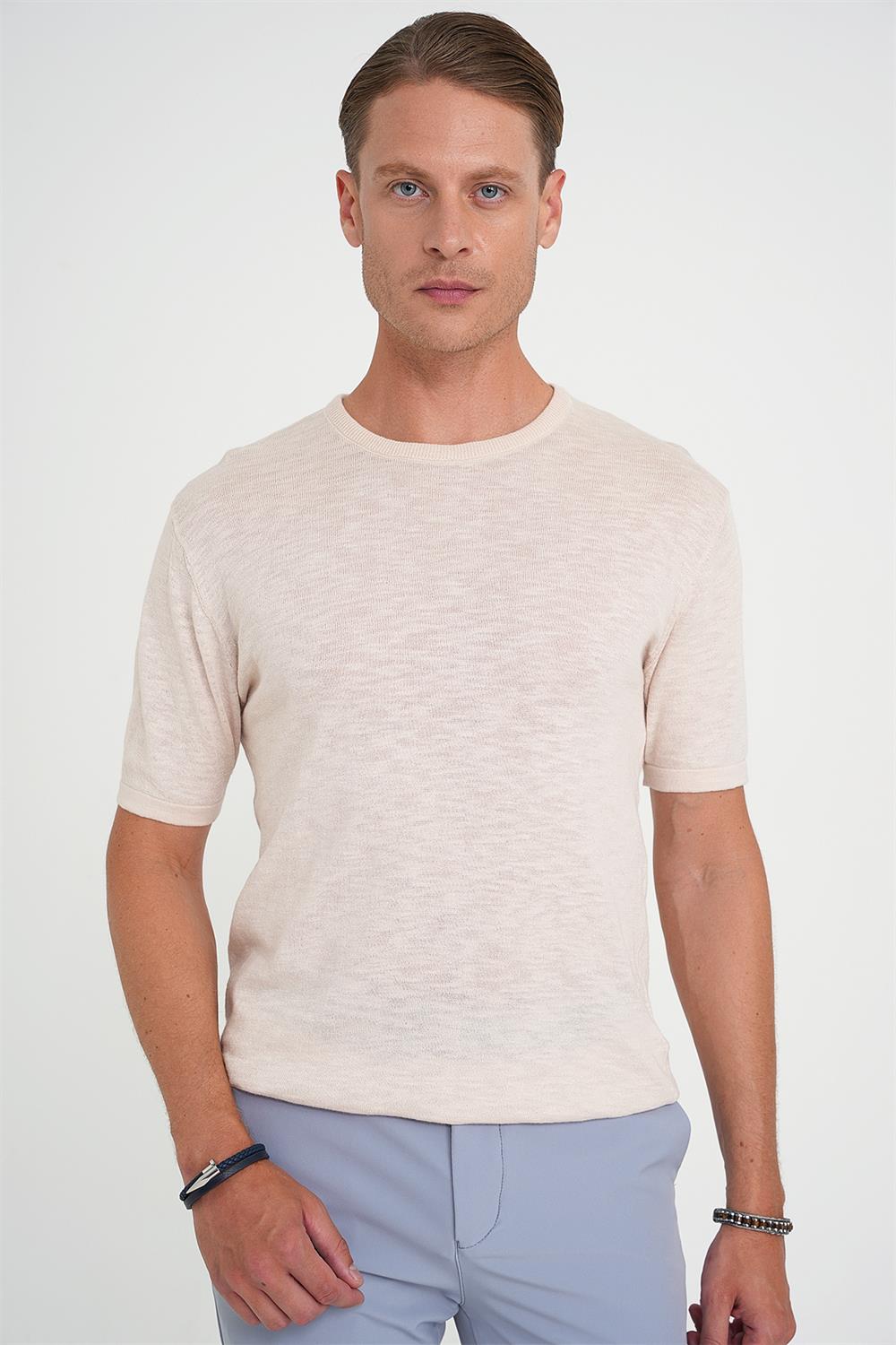 Comfort Fit Bisiklet Yaka Kısa Kol Spor Bej Triko Tr 881