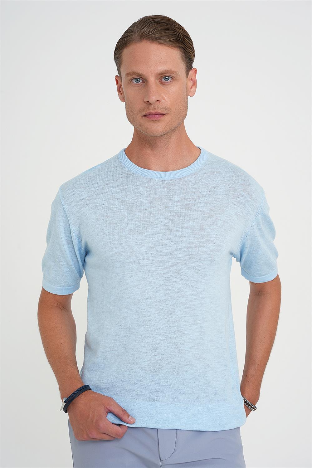 Comfort Fit Bisiklet Yaka Kısa Kol Spor Mavi Triko Tr 881