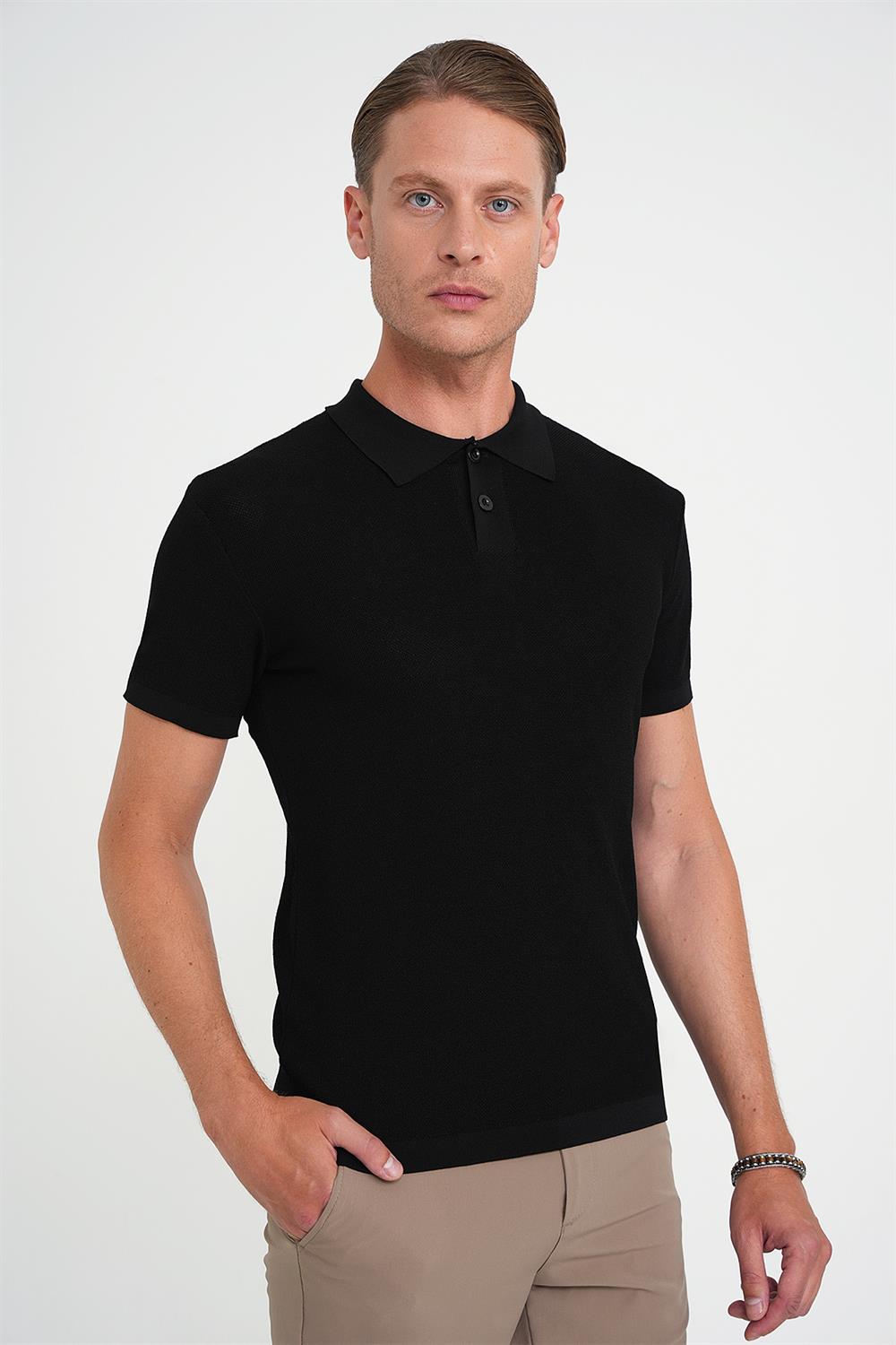 Comfort Fit Polo Yaka Kısa Kollu Siyah Triko Tr 883