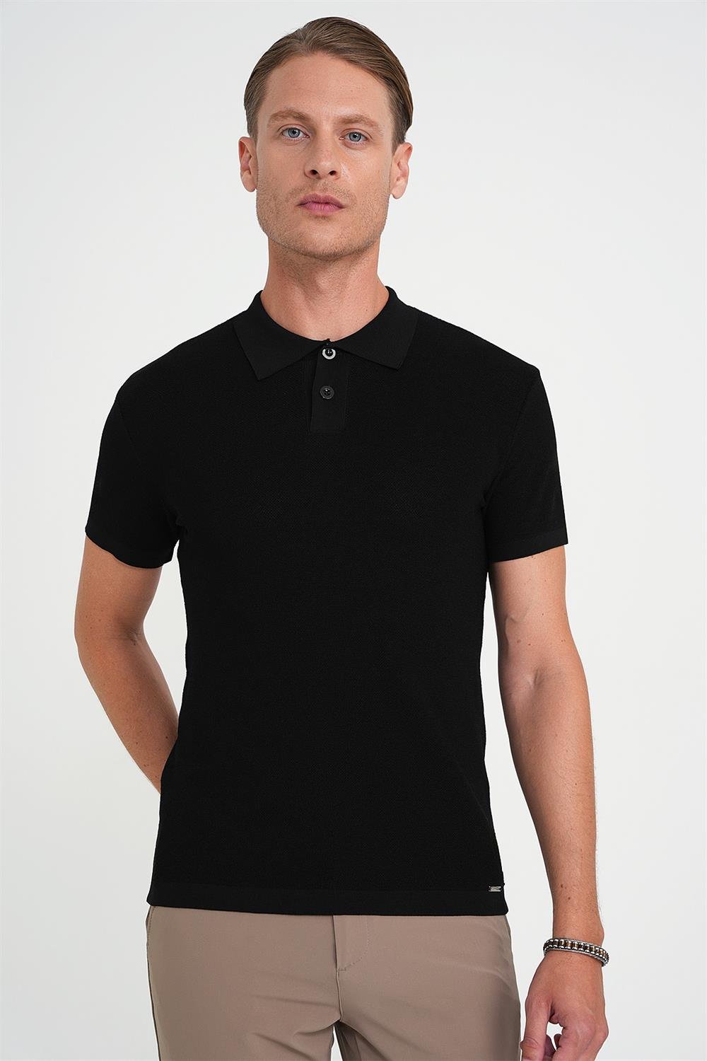 Comfort Fit Polo Yaka Kısa Kollu Siyah Triko Tr 883