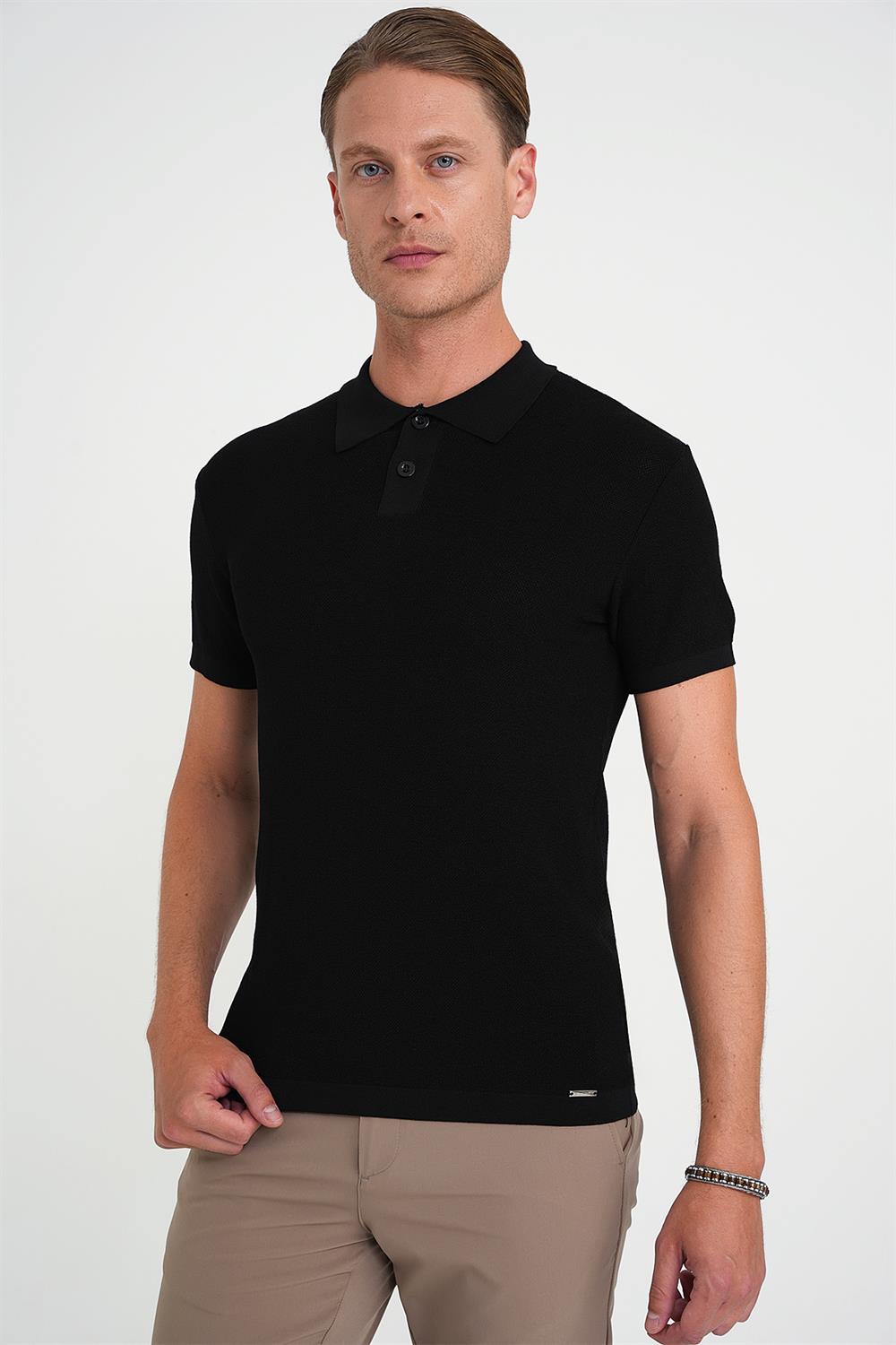 Comfort Fit Polo Yaka Kısa Kollu Siyah Triko Tr 883