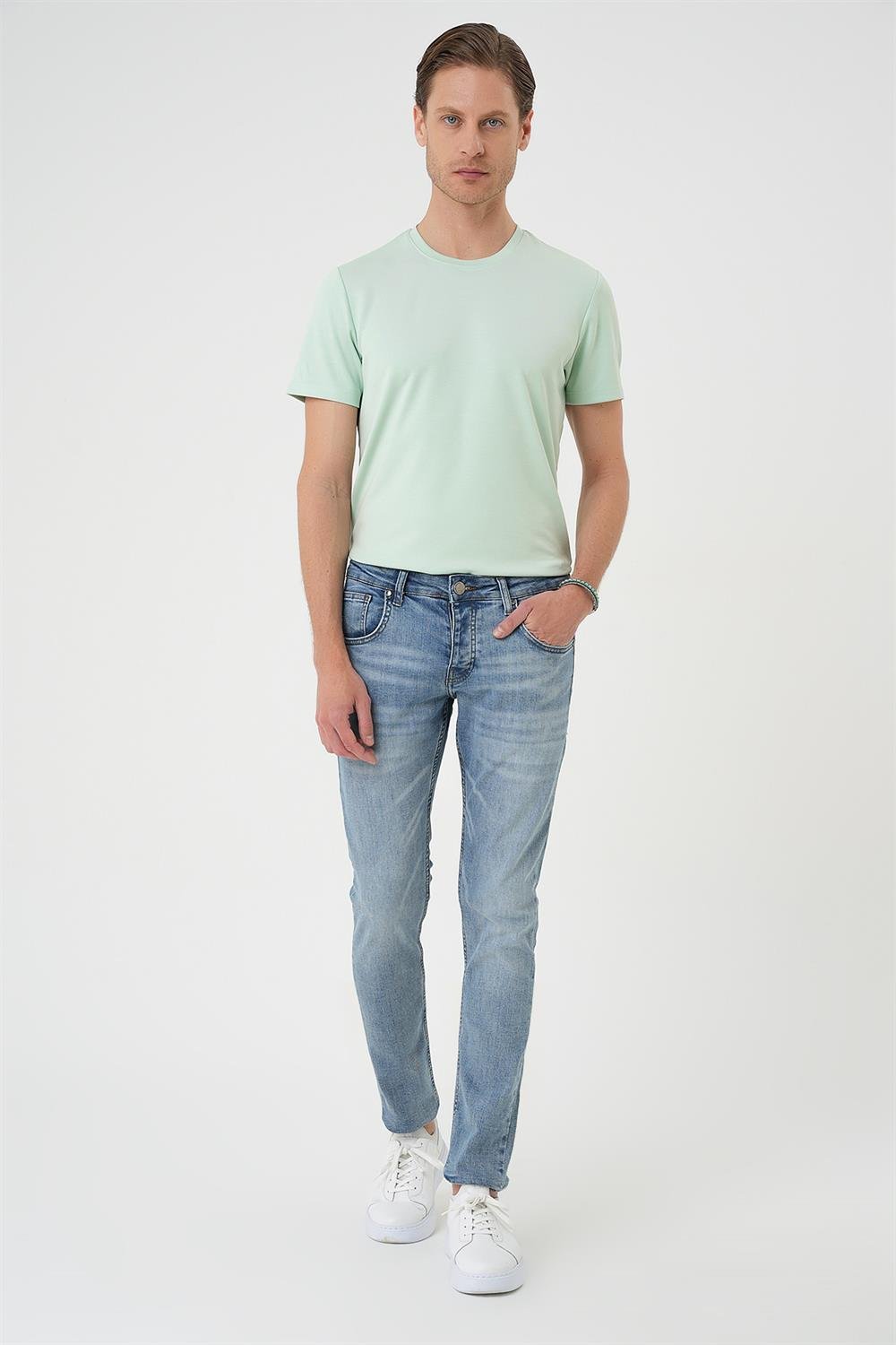 Denim 129 Slim Fit Beş Cepli Likralı Yıkamalı Açık Mavi Jean Pantolon