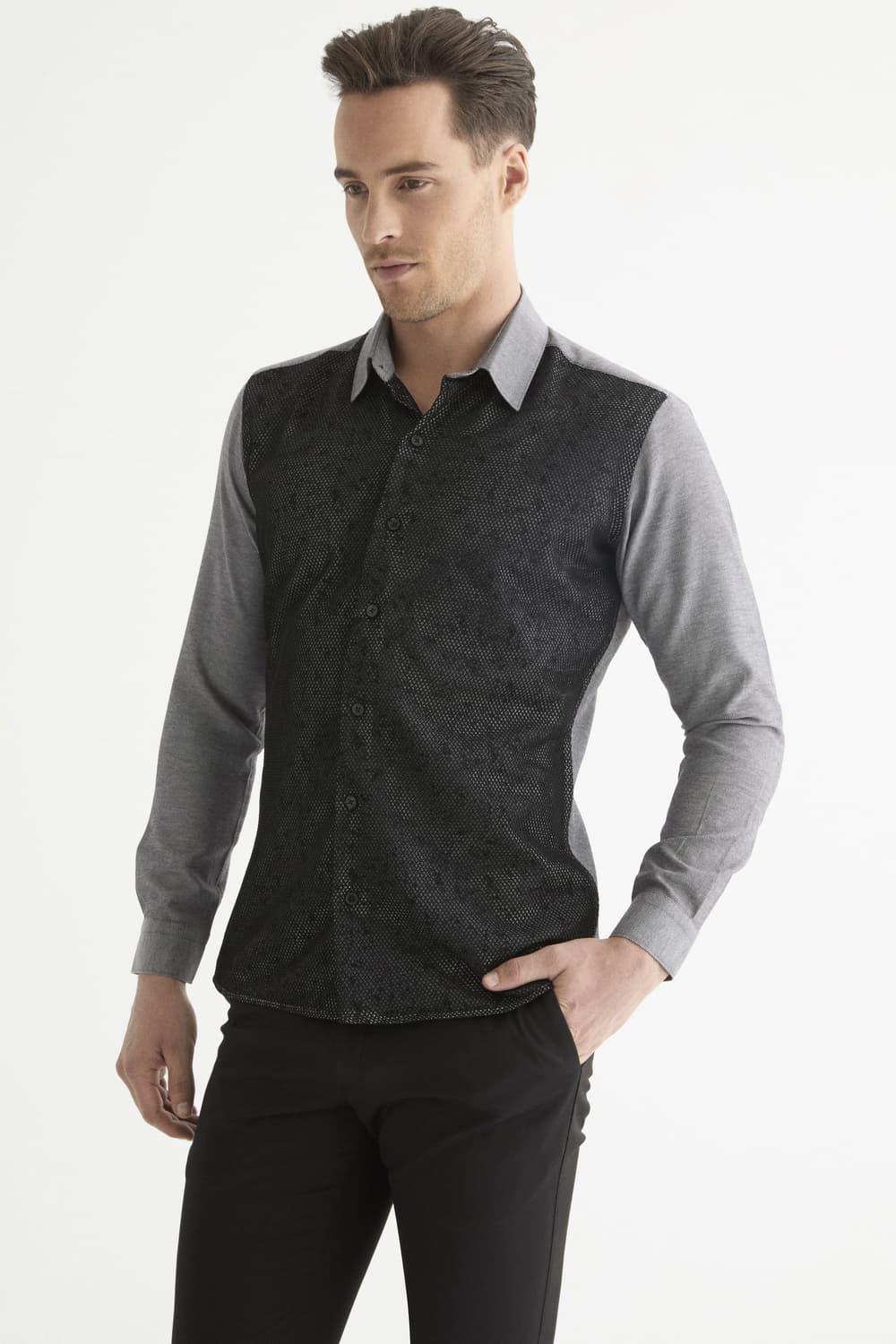 G 1443 Slim Fit Gri-Siyah Spor Gömlek