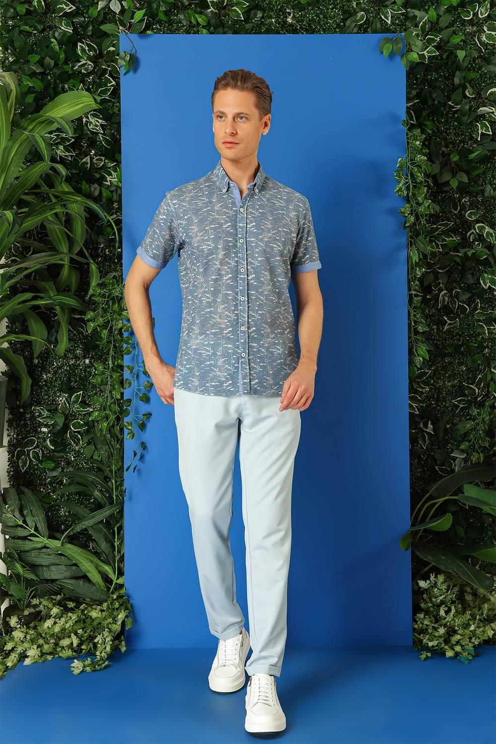 G 1499 Slim Fit Düğmeli Yaka Desenli Kısa Kol Pamuk Mavi Gömlek