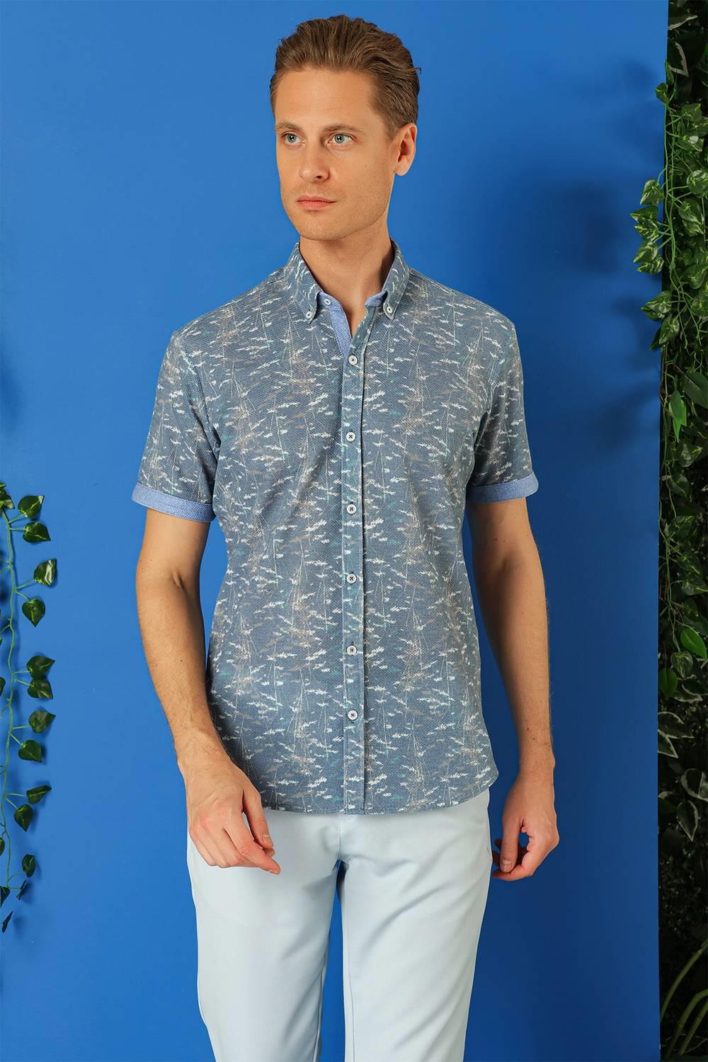 G 1499 Slim Fit Düğmeli Yaka Desenli Kısa Kol Pamuk Mavi Gömlek