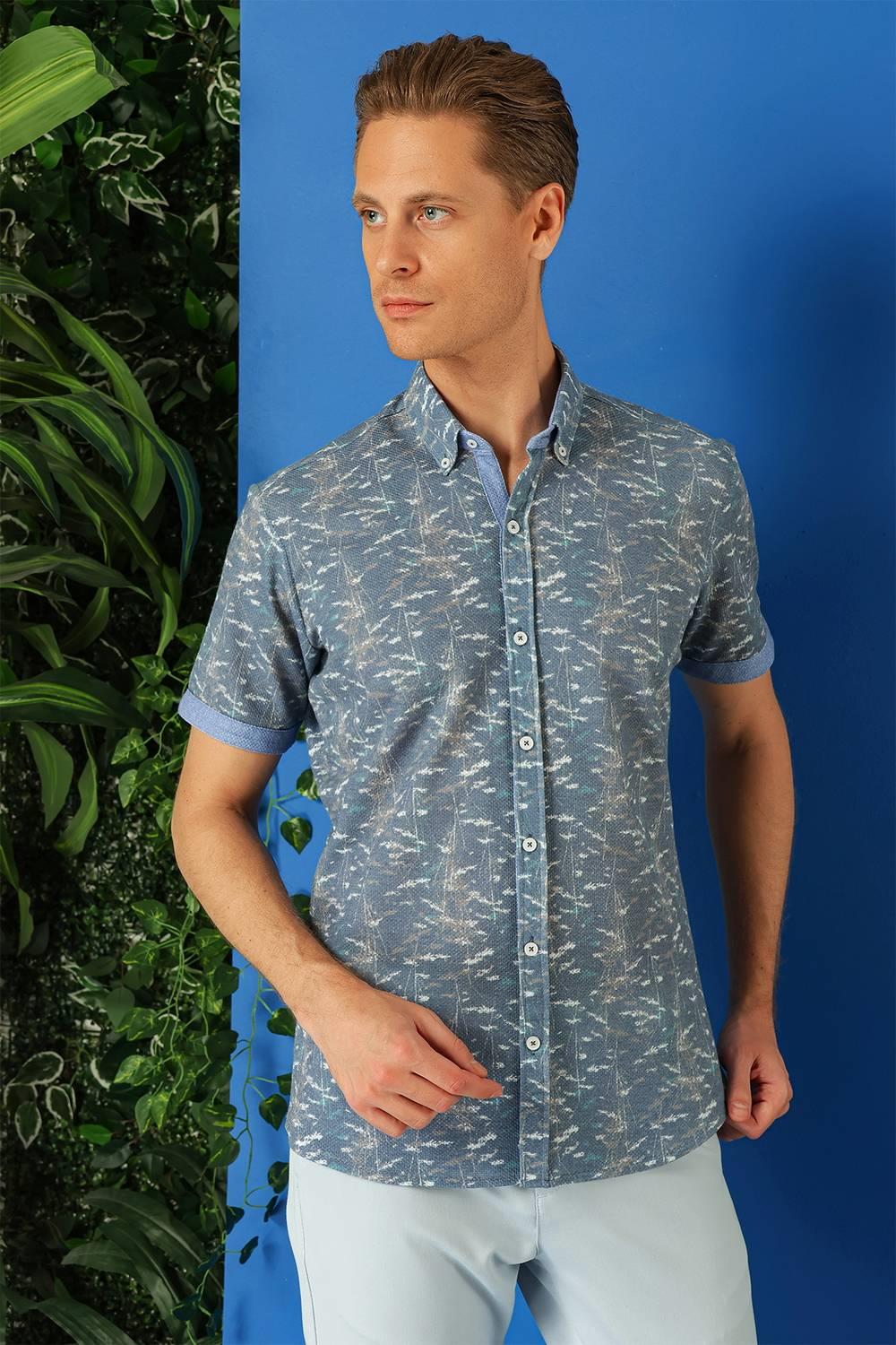 G 1499 Slim Fit Düğmeli Yaka Desenli Kısa Kol Pamuk Mavi Gömlek