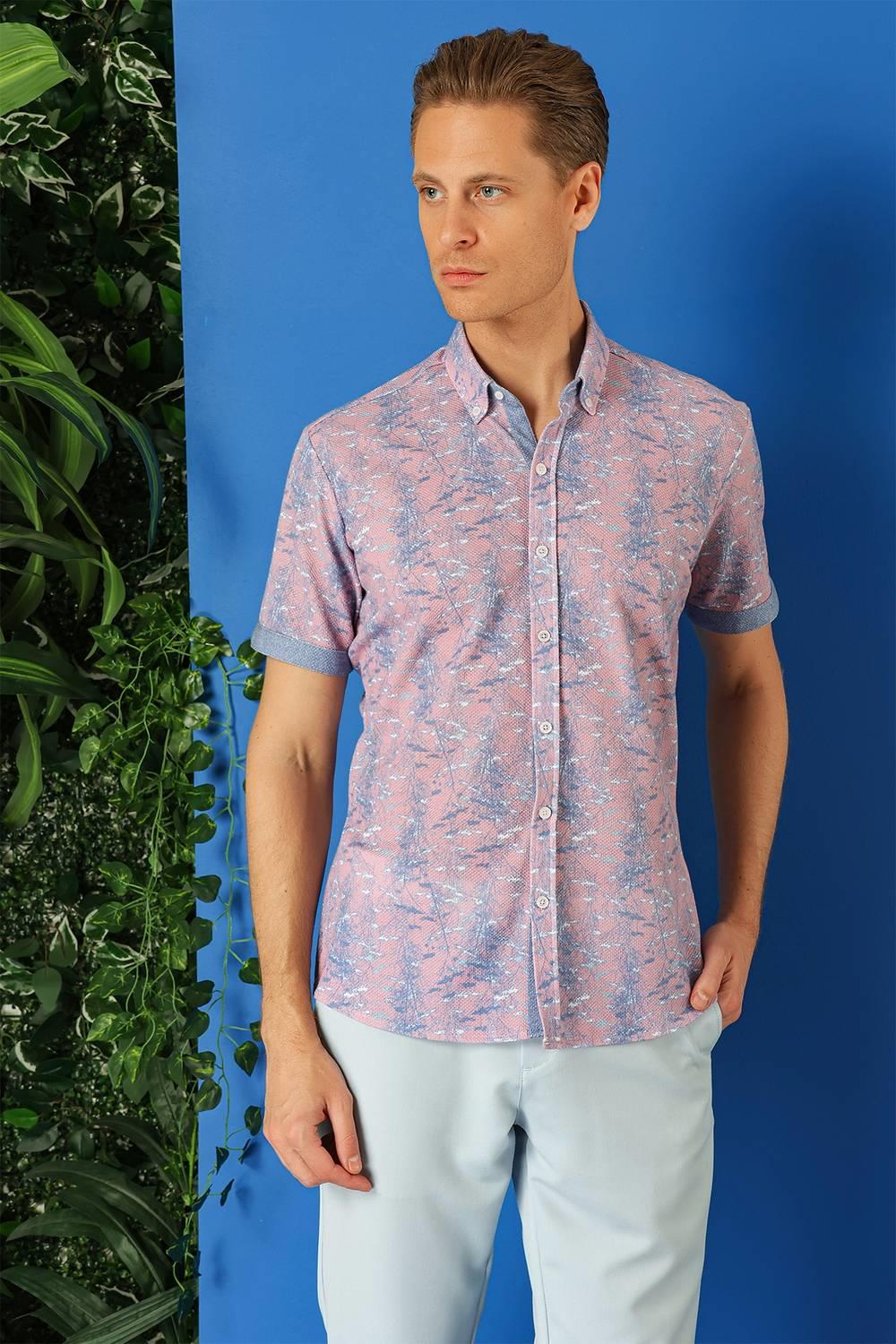 G 1499 Slim Fit Düğmeli Yaka Desenli Kısa Kol Pamuk Lila Gömlek