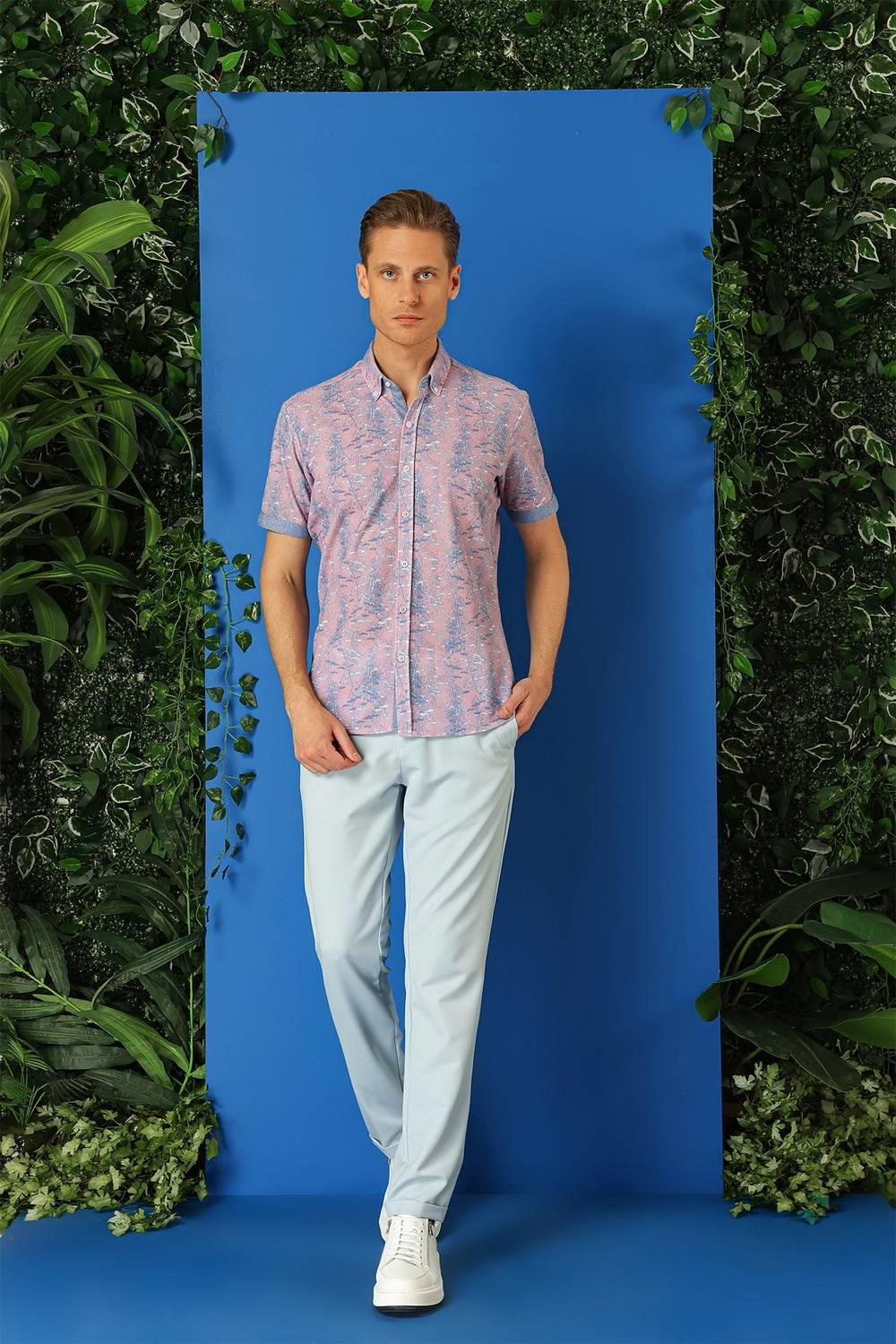 G 1499 Slim Fit Düğmeli Yaka Desenli Kısa Kol Pamuk Lila Gömlek
