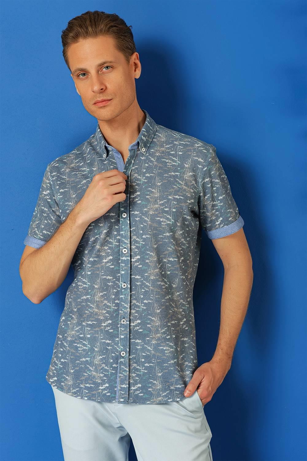 G 1499 Slim Fit Düğmeli Yaka Desenli Kısa Kol Pamuk Mavi Gömlek