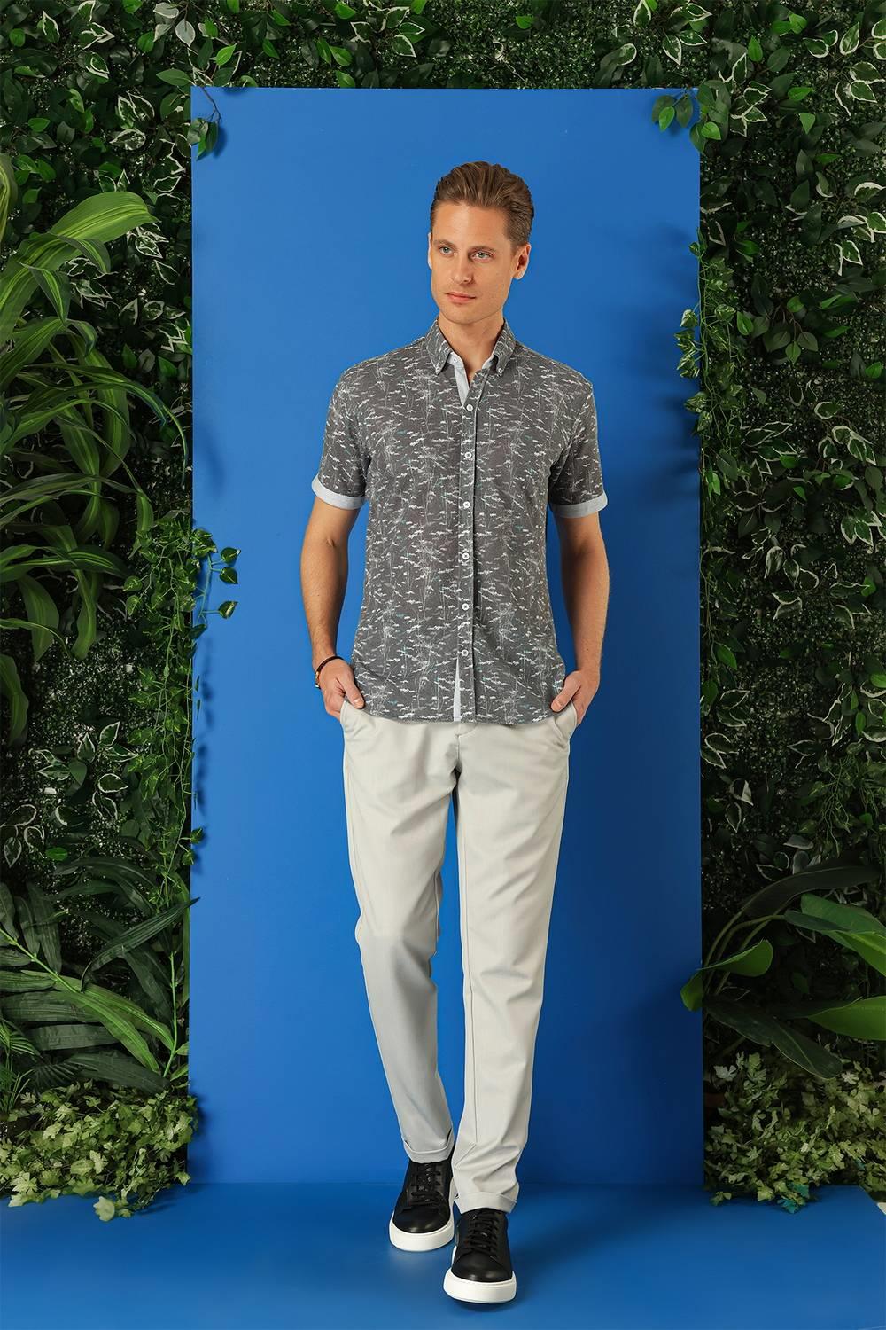 G 1499 Slim Fit Düğmeli Yaka Desenli Kısa Kol Pamuk Füme Gömlek