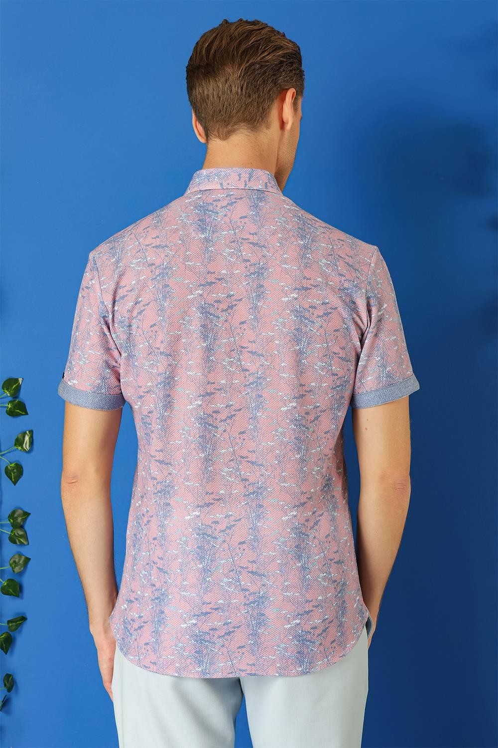 G 1499 Slim Fit Düğmeli Yaka Desenli Kısa Kol Pamuk Lila Gömlek