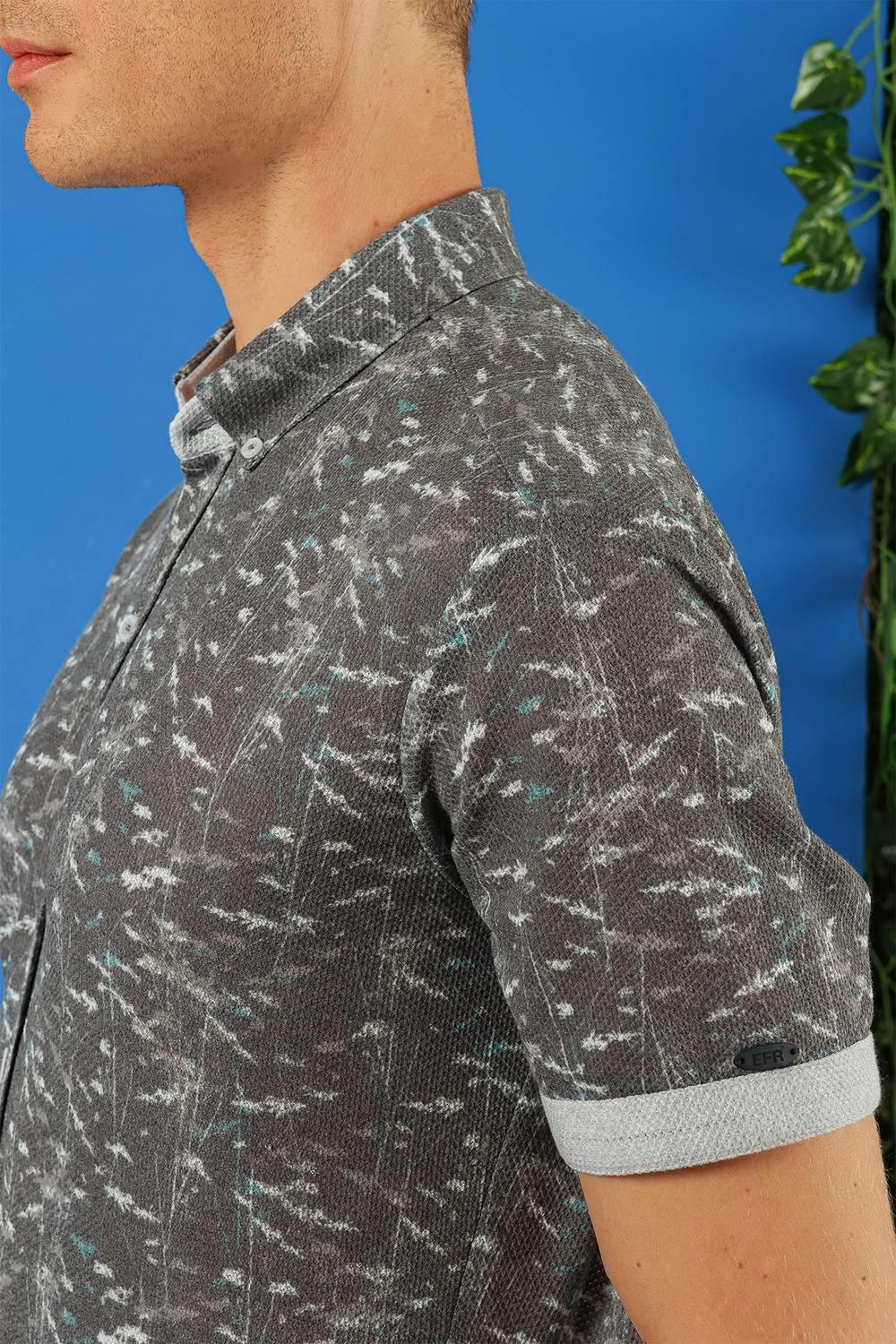 G 1499 Slim Fit Düğmeli Yaka Desenli Kısa Kol Pamuk Füme Gömlek