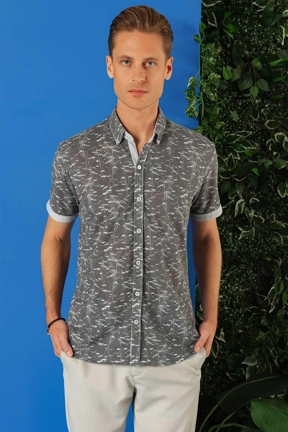 G 1499 Slim Fit Düğmeli Yaka Desenli Kısa Kol Pamuk Füme Gömlek