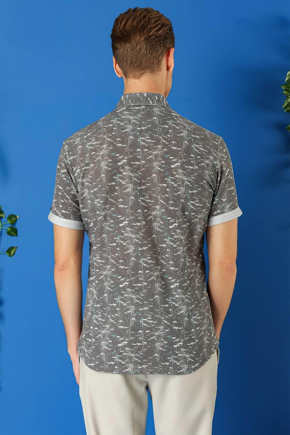 G 1499 Slim Fit Düğmeli Yaka Desenli Kısa Kol Pamuk Füme Gömlek