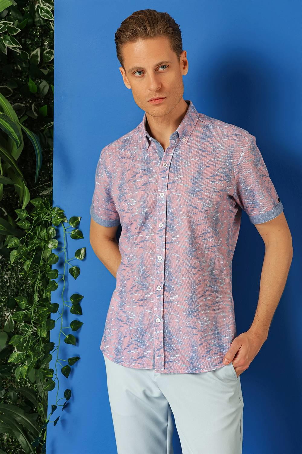 G 1499 Slim Fit Düğmeli Yaka Desenli Kısa Kol Pamuk Lila Gömlek