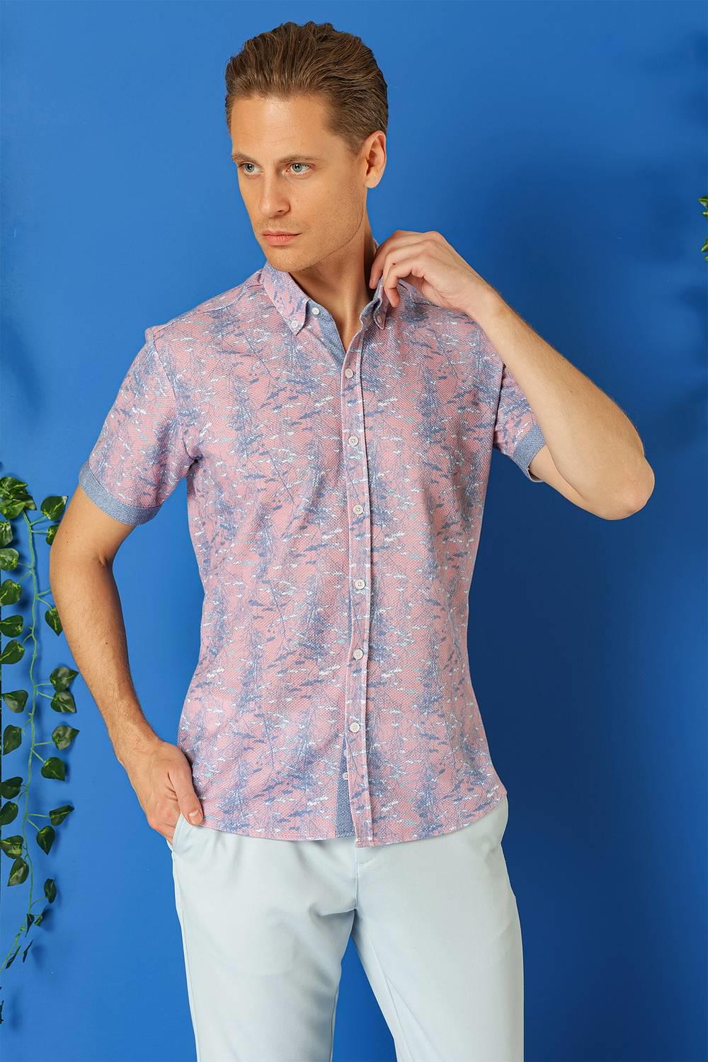 G 1499 Slim Fit Düğmeli Yaka Desenli Kısa Kol Pamuk Lila Gömlek