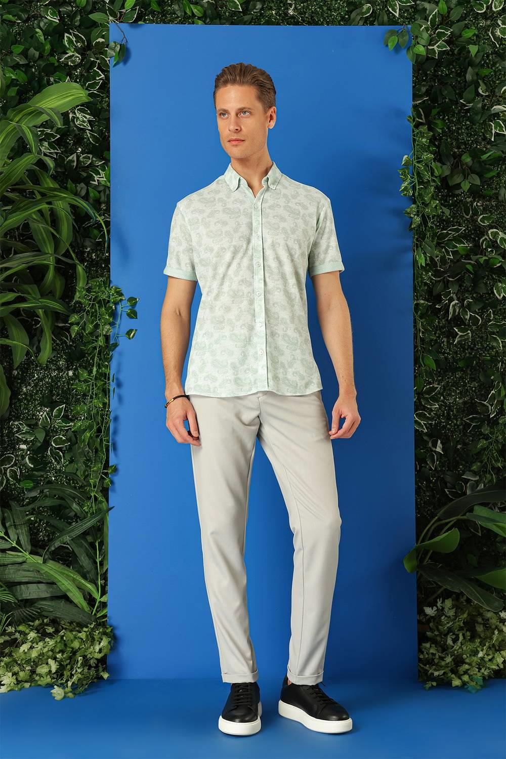 G 1501 Slim Fit Düğmeli Yaka Şal Desenli Kısa Kol Pamuk Nil Yeşili Gömlek