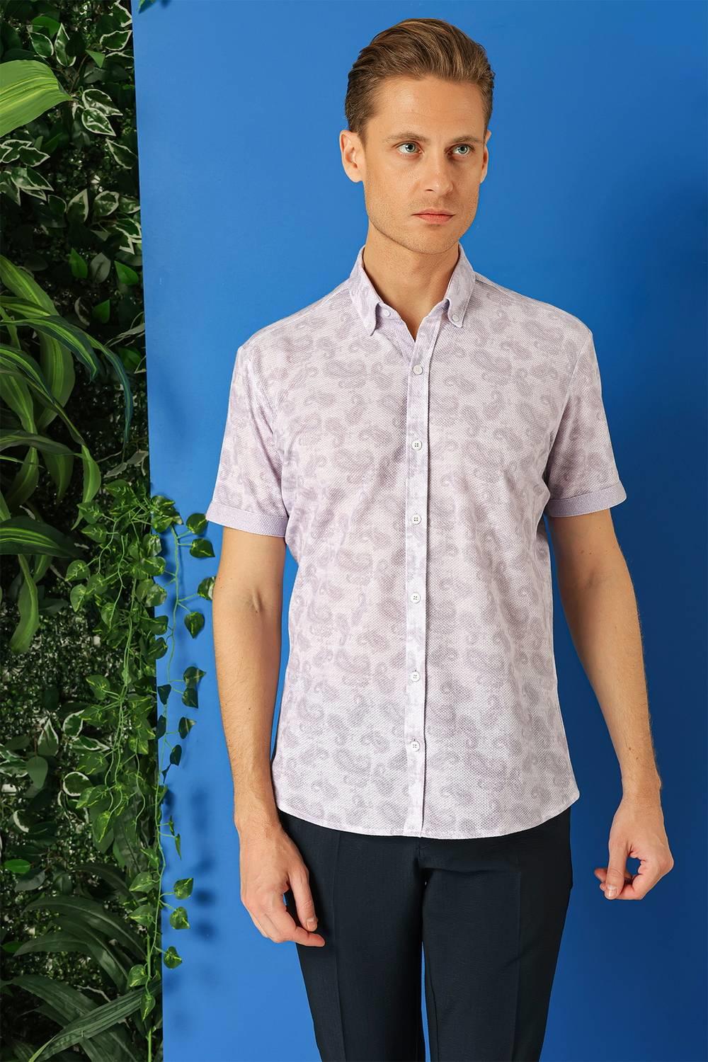 G 1501 Slim Fit Düğmeli Yaka Şal Desenli Kısa Kol Pamuk Lila Gömlek