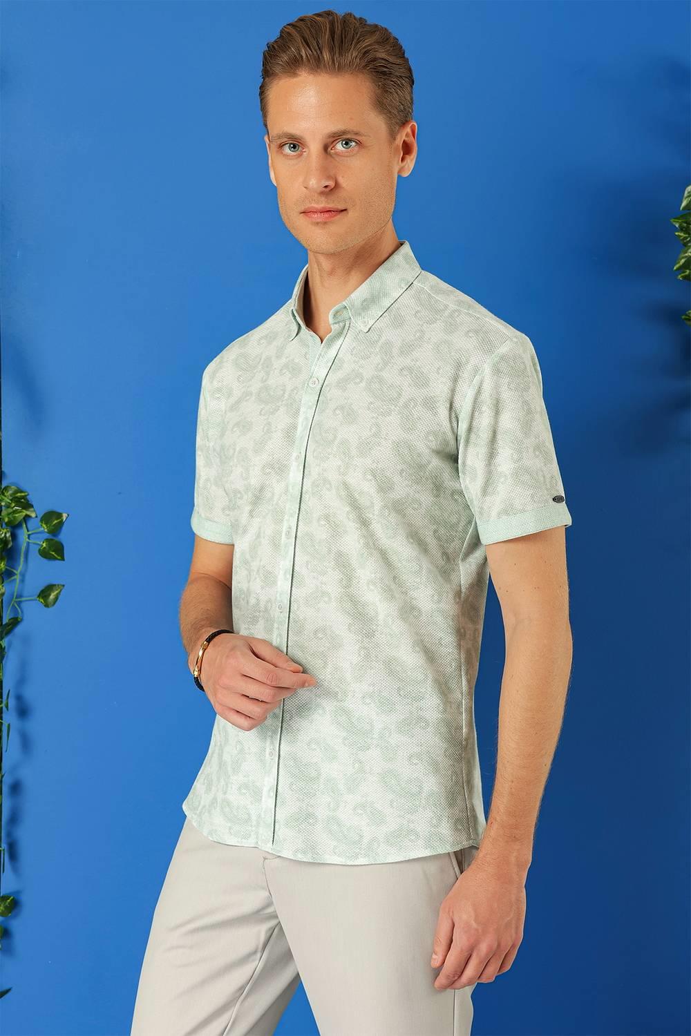 G 1501 Slim Fit Düğmeli Yaka Şal Desenli Kısa Kol Pamuk Nil Yeşili Gömlek