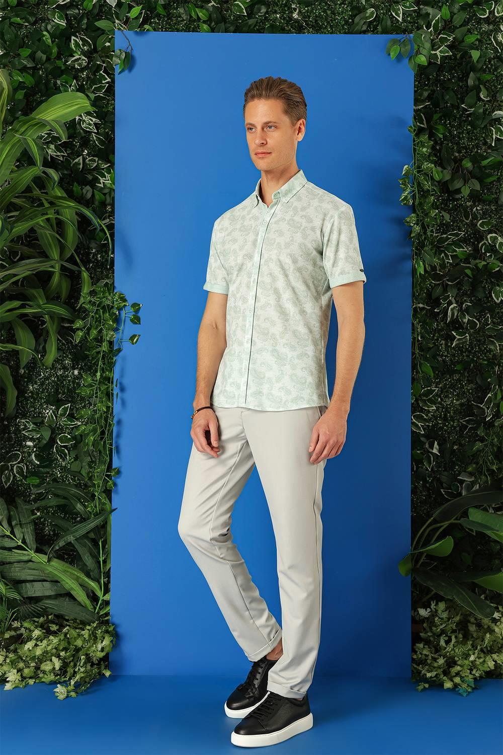 G 1501 Slim Fit Düğmeli Yaka Şal Desenli Kısa Kol Pamuk Nil Yeşili Gömlek