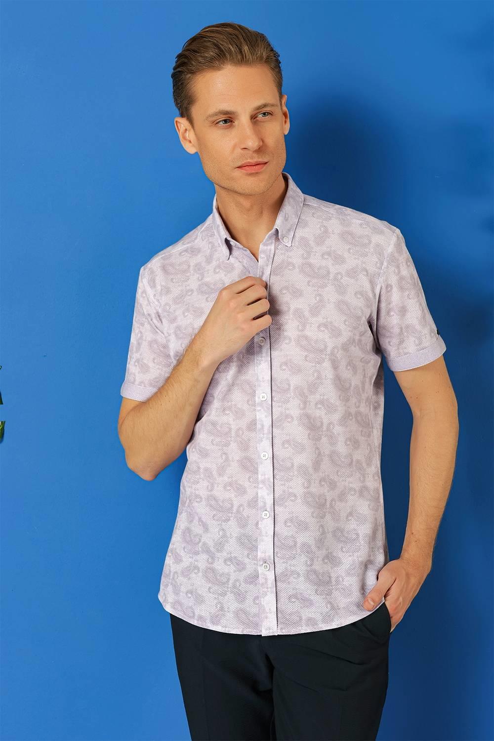 G 1501 Slim Fit Düğmeli Yaka Şal Desenli Kısa Kol Pamuk Lila Gömlek