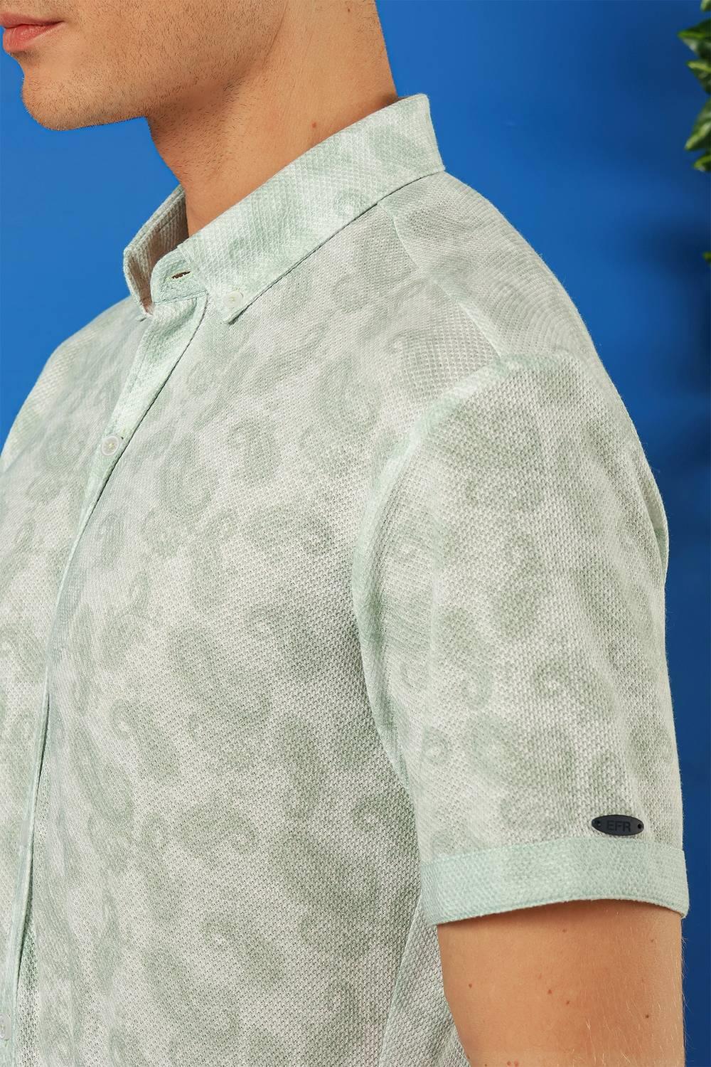 G 1501 Slim Fit Düğmeli Yaka Şal Desenli Kısa Kol Pamuk Nil Yeşili Gömlek