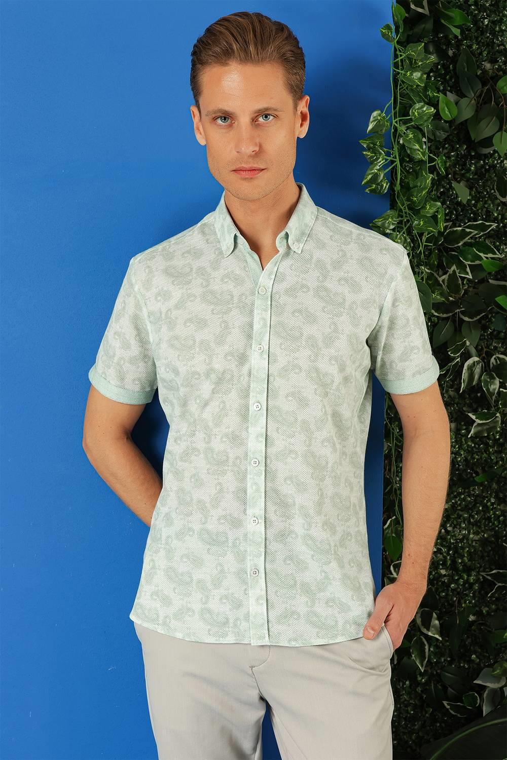 G 1501 Slim Fit Düğmeli Yaka Şal Desenli Kısa Kol Pamuk Nil Yeşili Gömlek