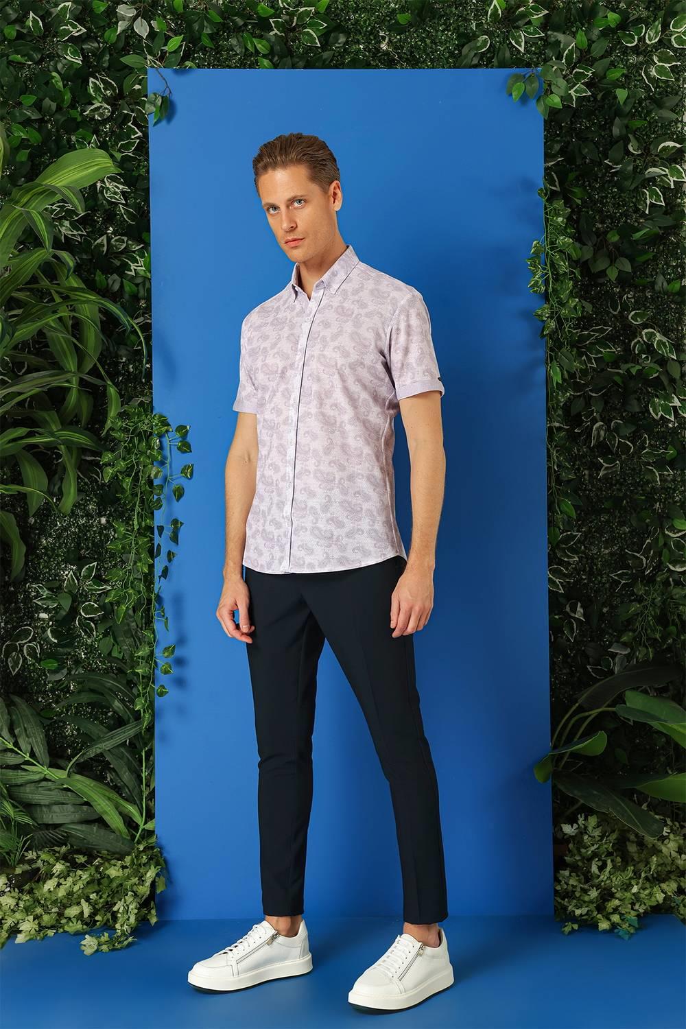 G 1501 Slim Fit Düğmeli Yaka Şal Desenli Kısa Kol Pamuk Lila Gömlek