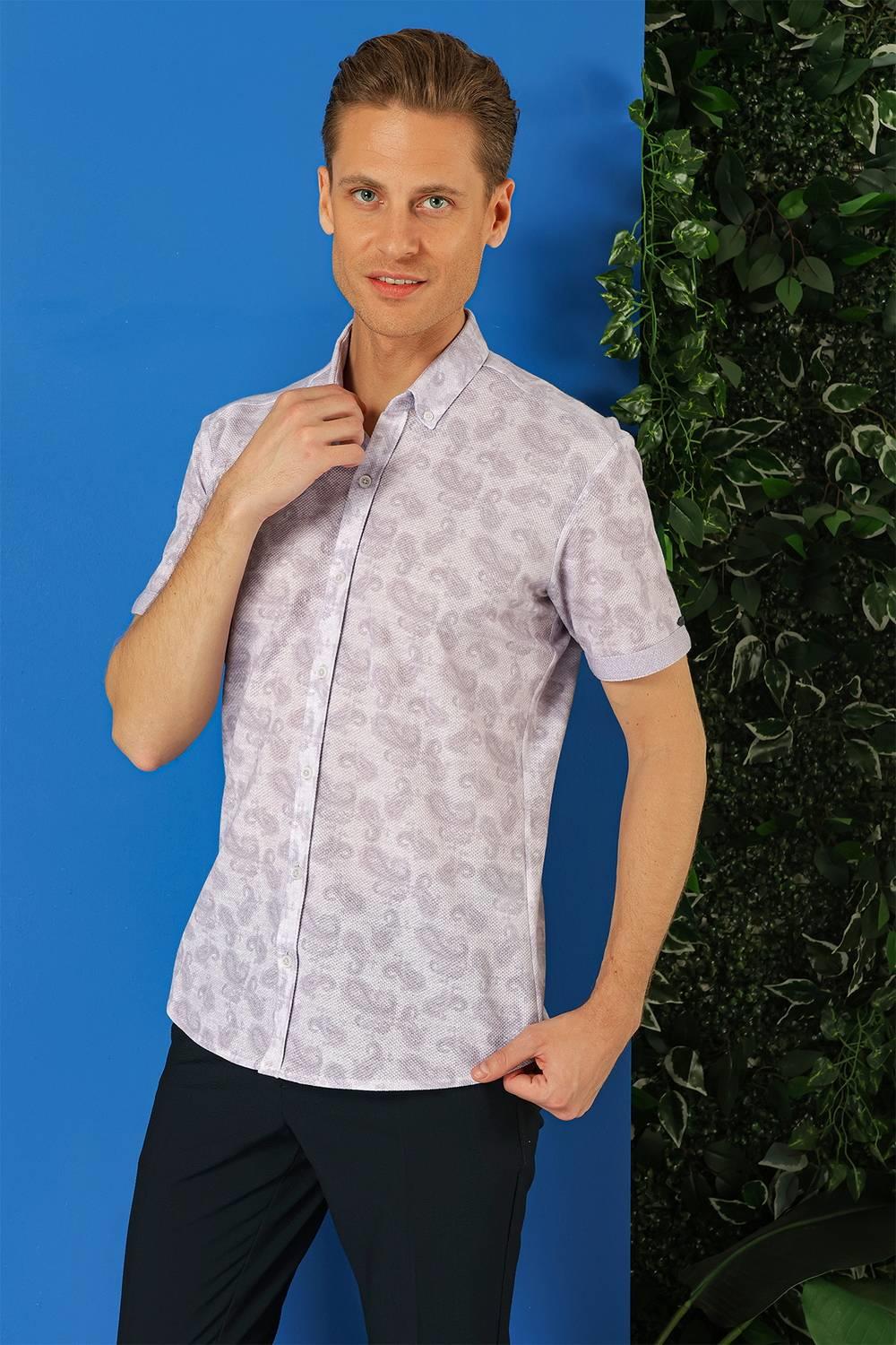 G 1501 Slim Fit Düğmeli Yaka Şal Desenli Kısa Kol Pamuk Lila Gömlek