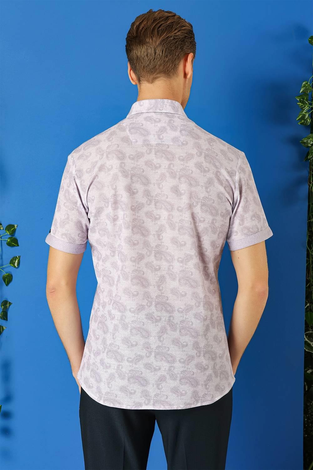 G 1501 Slim Fit Düğmeli Yaka Şal Desenli Kısa Kol Pamuk Lila Gömlek