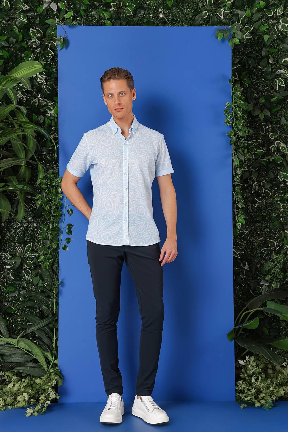 G 1503 Slim Fit Düğmeli Yaka Desenli Kısa Kol Pamuk Mavi Gömlek
